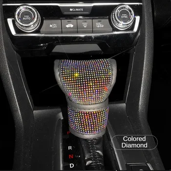 Bling Bling Car Shift Gear Cover Кожен автоматичен капак за смяна на предавките Универсален кристал кристали Аксесоари за кола за жени