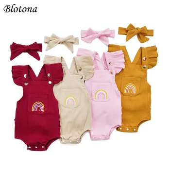 Blotona 2Pcs новородени оребрени гащеризон екипировки, бебе момичета дъга модел квадратна яка муха ръкав боди + лента за глава 0-24Months