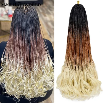 Box плитки плетене на една кука коса разширения за жени Pre Looped Ombre плетене на една кука плитки френски къдрава вълнообразни краища синтетични разширения коса