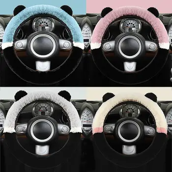 Cartoon Panda Ears Elastic Plush Car Steering Wheel Cover Winter Thickened Warm Non-slip Round D-образна универсална дръжка Cover
