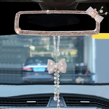 Creative Rhinestone Bowknot Car Interior Mirror Cover Decor Charm Crystal Diamond Rear View Mirror Ornament Auto Accessories