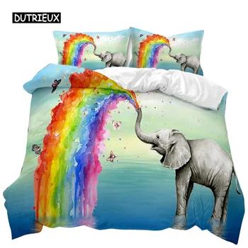 Elephant Duvet Cover Set Африканска дива природа Животни Персонализиран дизайн Twin Comforter Cover Rainbow слон полиестер Qulit Cover
