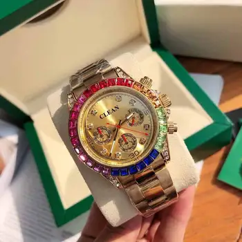 Fashion Rainbow Diamond Luminous Custom Men Waterproof Mechanical Watch Designer Brand Quartz WristWatch For Gift