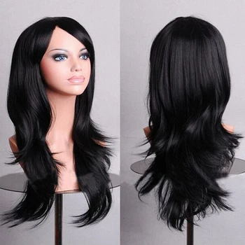 Soowee 70cm дълъг вълнообразен черен Хелоуин Custume перука фалшиви прически синтетична коса косплей перуки за жени Peruk