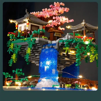 Temple Pavilion Island Waterfall Pool LED светлина мини диамантени блокове тухли модел играчка за деца и възрастни