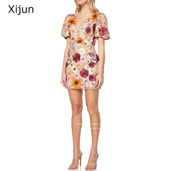 Xijun Елегантни къси вечерни рокли 3D флорални бродирани рокли за завръщане у дома Официални абитуриентски рокли Парти рокли 2023 за жени