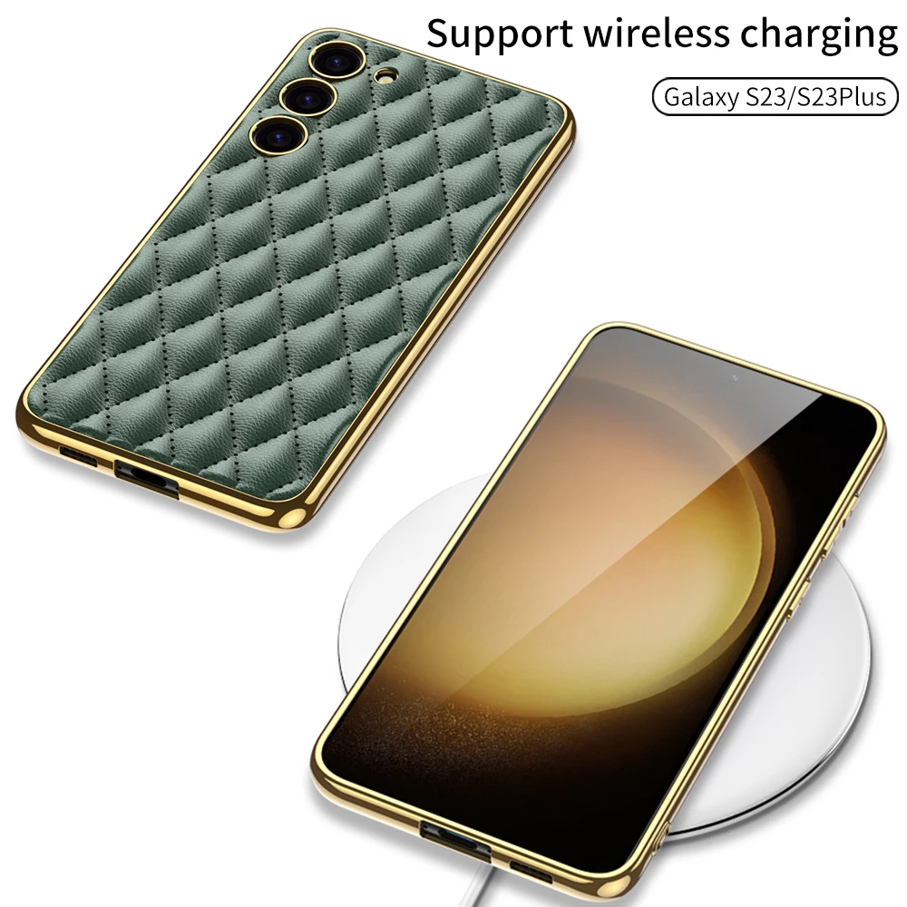 S23 Реколта кожа удароустойчив телефон случай за Samsung Galaxy S23 Ultra S23 плюс луксозни карирана Pattrn злато покритие тънък заден капак . ' - ' . 2