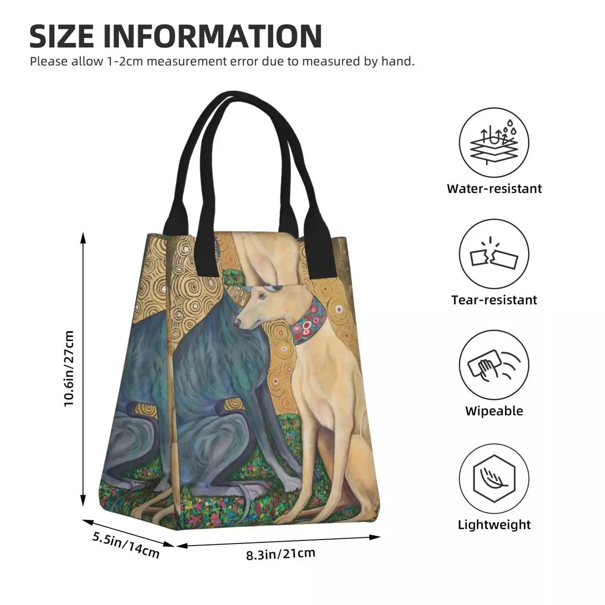 Густав Климт Грейхаунд куче изкуство топлоизолирани обяд чанти жени Whippet Sihthound куче преносим обяд голяма пазарска храна Bento кутия . ' - ' . 2