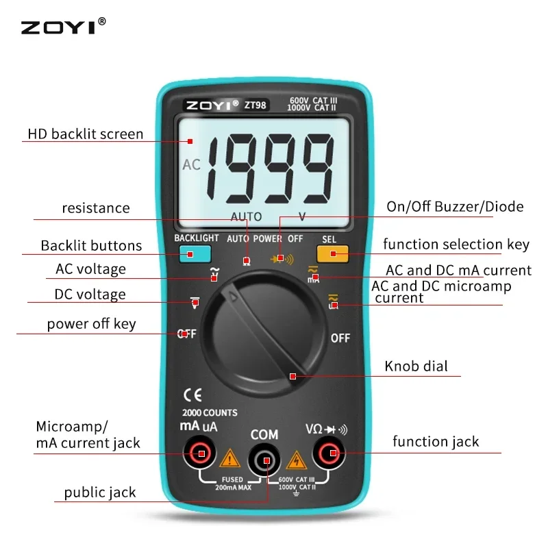 ZOYI ZT98 Тип писалка Цифров мултицет Автоматичен обхват NCV 6000 брои AC / DC напрежение електронен метър кола мултиметър . ' - ' . 3
