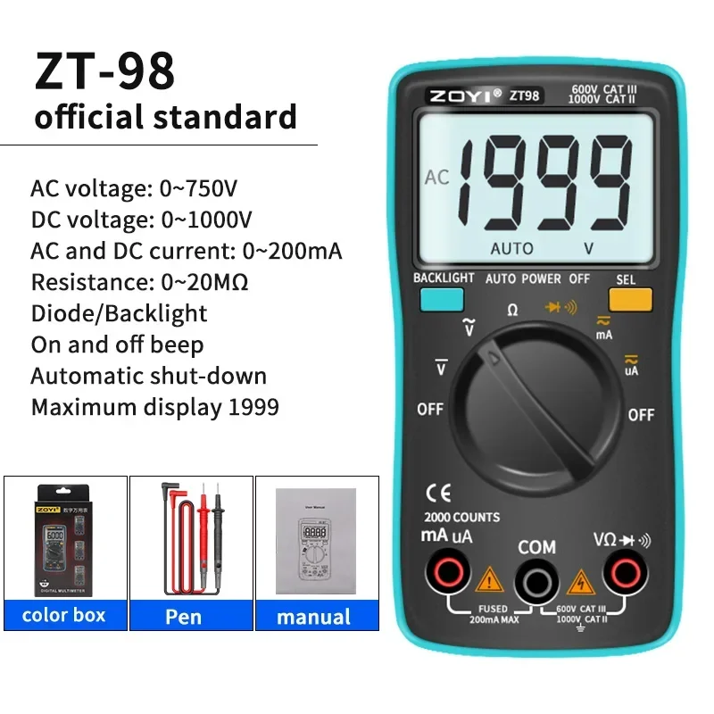 ZOYI ZT98 Тип писалка Цифров мултицет Автоматичен обхват NCV 6000 брои AC / DC напрежение електронен метър кола мултиметър . ' - ' . 5