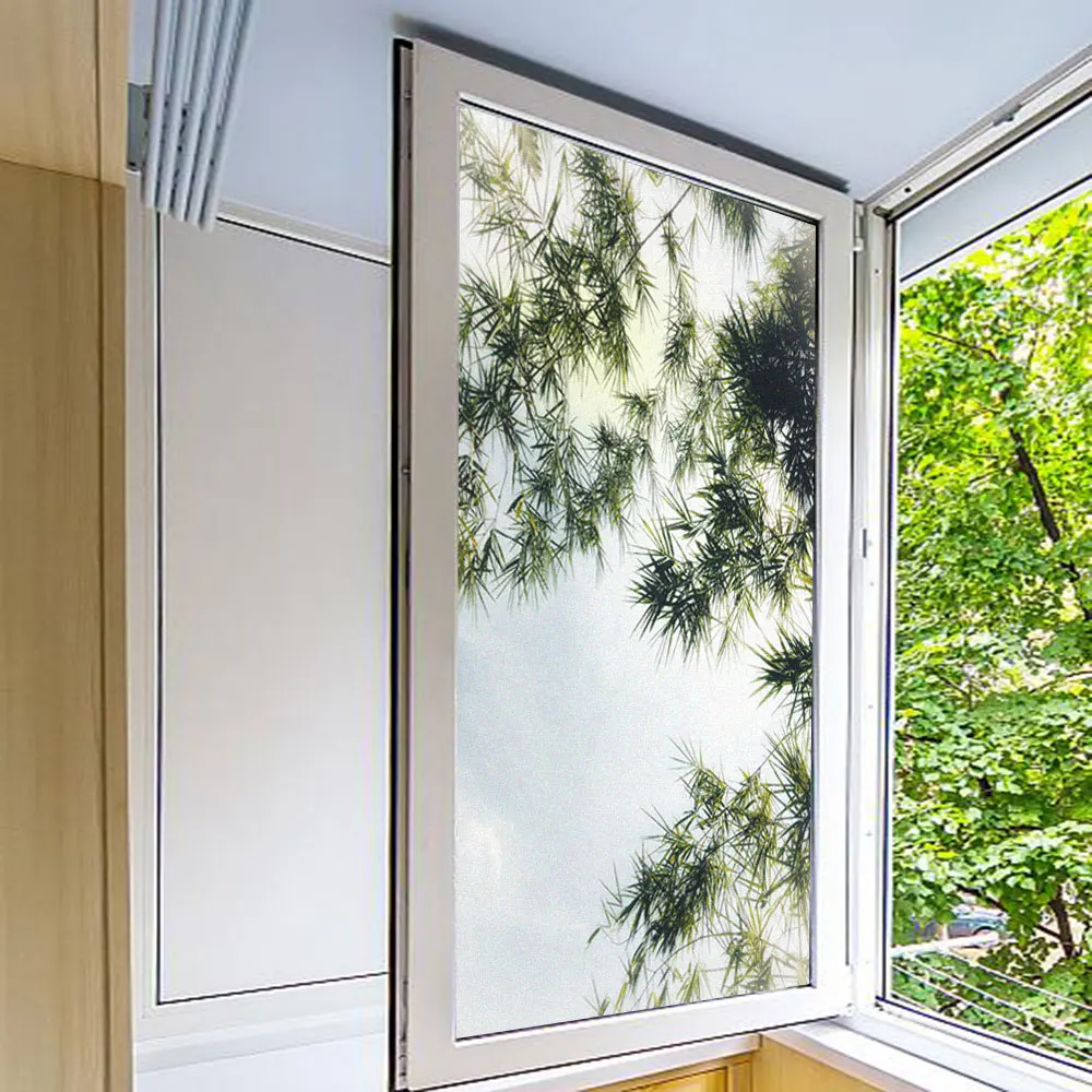 Поверителност прозорец матирано филм слънце блокиране статично без лепило стъкло прозорец стикер бамбук листа модел баня врата декорация филм . ' - ' . 2