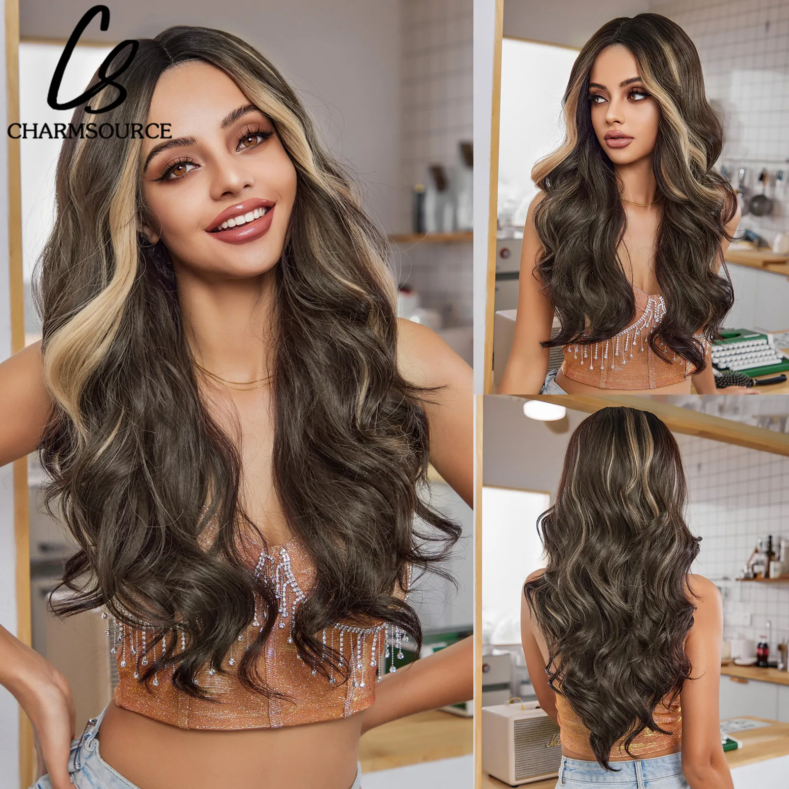 CharmSource Линия на косата дантела предни перуки тъмно кафява перука подчертае златни синтетични дълги вълнообразни перуки жените косплей висока плътност . ' - ' . 0