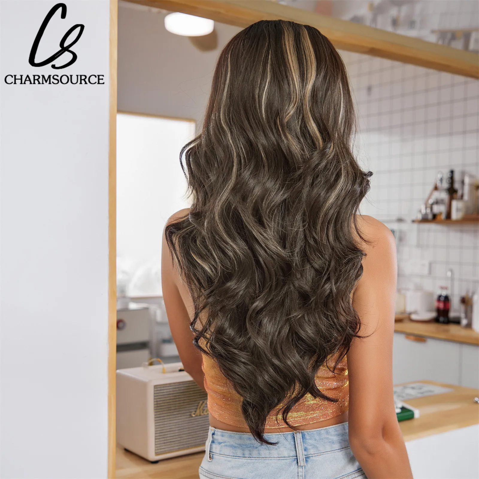 CharmSource Линия на косата дантела предни перуки тъмно кафява перука подчертае златни синтетични дълги вълнообразни перуки жените косплей висока плътност . ' - ' . 4