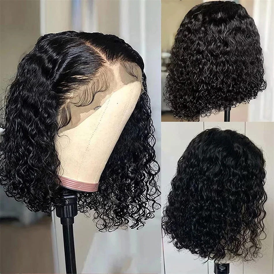 Curly Bob Lace Wigs Deep Water Curly Wave Human Hair Wigs 100% Remy Natural Hair Short Lace Frontal T Part Wig Black For Women . ' - ' . 0