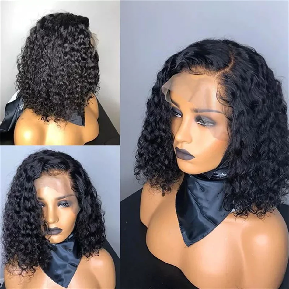 Curly Bob Lace Wigs Deep Water Curly Wave Human Hair Wigs 100% Remy Natural Hair Short Lace Frontal T Part Wig Black For Women . ' - ' . 1