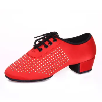 Дамски обувки за латино танци Rhinestone Silk Ladies Soft Suede Sole Baallroom Tango Salsa Dance Shoes 3.5cm Heel Black Red Blue Brown