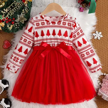 Детска коледна рокля за момичета Дрехи 2023 Нова есен зима малко дете дете дълъг ръкав печат Коледа ежедневни тюл принцеса рокля