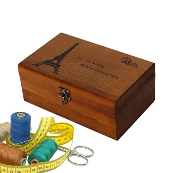 Дървена кутия за шевни комплекти Кутия за съхранение на дървени нишки Просторна и издръжлива дървена кутия за съхранение на шевни машини за занаяти DIY съхранение