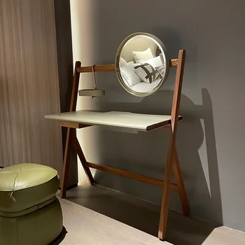 италиански минималистичен кожен арт тоалетка проста светлина луксозна спалня орех седло кожа грим маса дизайнер обичай