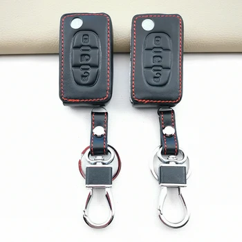Кожен калъф за защита на ключове за кола за Citroen C3 C4 Xsara Picasso Berlingo C5 C8 За Peugeot 3 бутона Сгъваема кутия за аксесоари за ключове