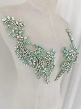 Луксозен мента зелен тежък кристал формован апликация кристал елече ръчно изработени цветя кръпка за сватба декор, лилаво топка рокля