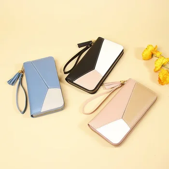 Нов дамски портфейл мода корейски издание контраст цвят ръчна чанта дълъг цип пискюл голям капацитет телефон чанта портфейл