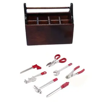 1 комплект Инструменти за ремонт 1:12 Мини дървена кутия с инструменти Кутия с инструменти Модел Къща за кукли Миниатюрна кутия с инструменти Симулация Ръчно изработени