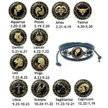 12 съзвездие Скорпион Стрелец Лъв стъкло многослойна кожена гривна стъклен купол зодиакален подарък за рожден ден мъже и жени