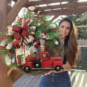 1pc Коледа червен камион Коледен венец Селска къща Червен камион венец Коледна украса Зимен венец стена висящи стена изкуства