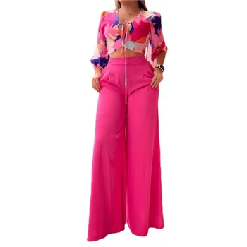 2023 Модерен прост модерен дамски костюм отпечатани тънък дълъг ръкав дантела нагоре отгоре с хлабав плътен цвят панталони две части комплект