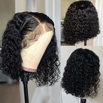 Curly Bob Lace Wigs Deep Water Curly Wave Human Hair Wigs 100% Remy Natural Hair Short Lace Frontal T Part Wig Black For Women