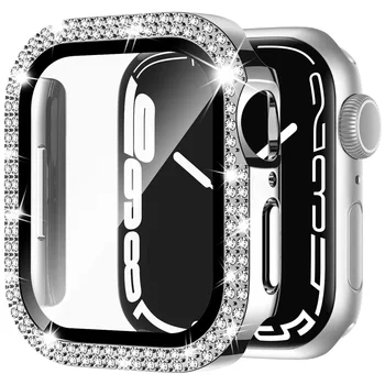 Diamond закалено стъкло филм случай за Apple Watch 9 8 45mm 7 6 se 40 / 44mm 41mm iWatch серия 8 5 4 броня покритие защитни капаци