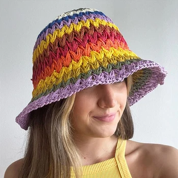INS Rainbow Дамска бохемска ръчно изработена плетена шапка UV защитни козирки Шапка за слънце Summer Beach Сгъваема външна шапка Gorras New