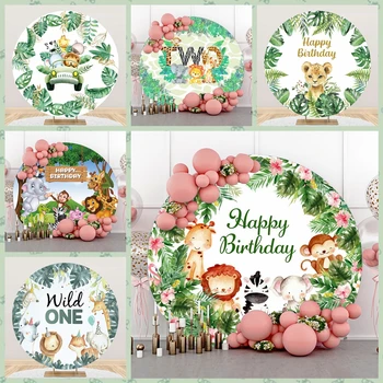 Laeacco Jungle Safari Animals Wild One Round Photography Backdrop Happy Birthday Oh Baby Shower Elastic Cover Photo Background