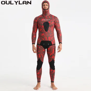 Oulylan 5mm неопрен дълъг ръкав делене качулка 2 броя водолазен костюм за мъже запази топло мокър костюм камуфлаж неопренов костюм