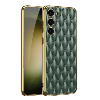 S23 Реколта кожа удароустойчив телефон случай за Samsung Galaxy S23 Ultra S23 плюс луксозни карирана Pattrn злато покритие тънък заден капак