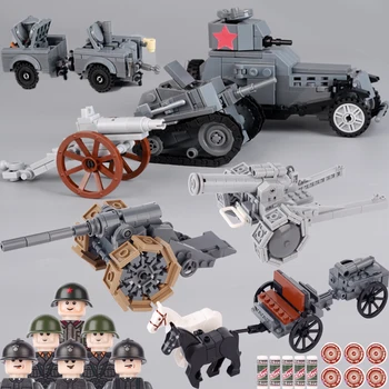 WW2 Италия Военна цистерна камион строителни блокове армия войник фигури BA-20 брониран автомобил кола оръдие пистолет оръжия тухли играчки момчета