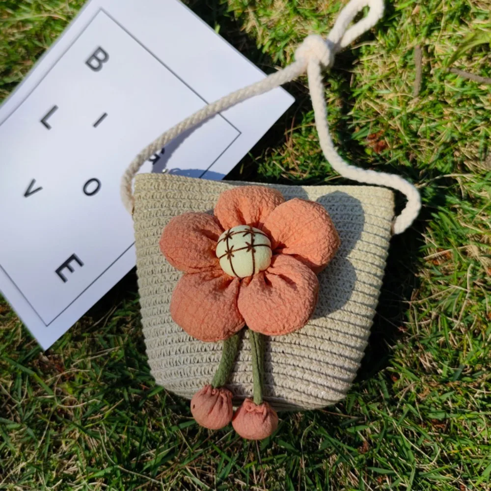 Ръчно изработени летни деца момичета рамо чанта цвете слама бебешки чанти пратеник чанта деца ключове монета чанта сладък принцеса мини чанта . ' - ' . 3