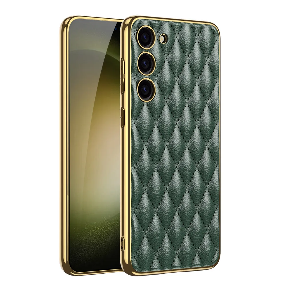 S23 Реколта кожа удароустойчив телефон случай за Samsung Galaxy S23 Ultra S23 плюс луксозни карирана Pattrn злато покритие тънък заден капак . ' - ' . 0