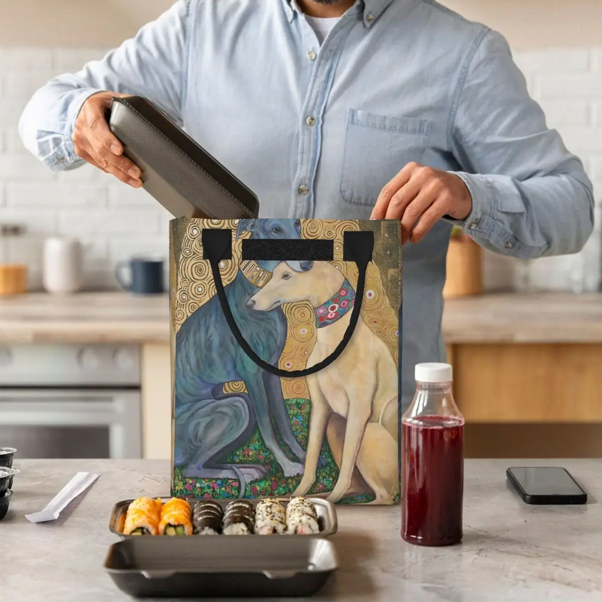 Густав Климт Грейхаунд куче изкуство топлоизолирани обяд чанти жени Whippet Sihthound куче преносим обяд голяма пазарска храна Bento кутия . ' - ' . 5