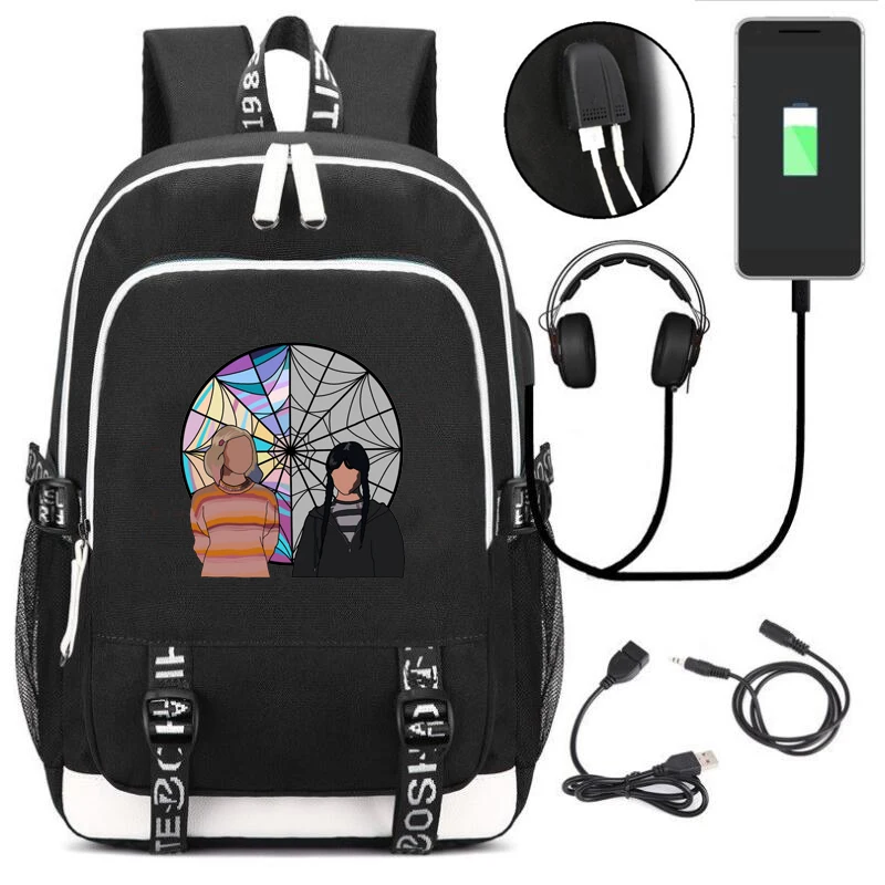 Нова ученическа чанта USB раница сряда Addams печат daypack по-голям капацитет трайни унисекс чанти лаптоп момчета / момичета bookbags . ' - ' . 0