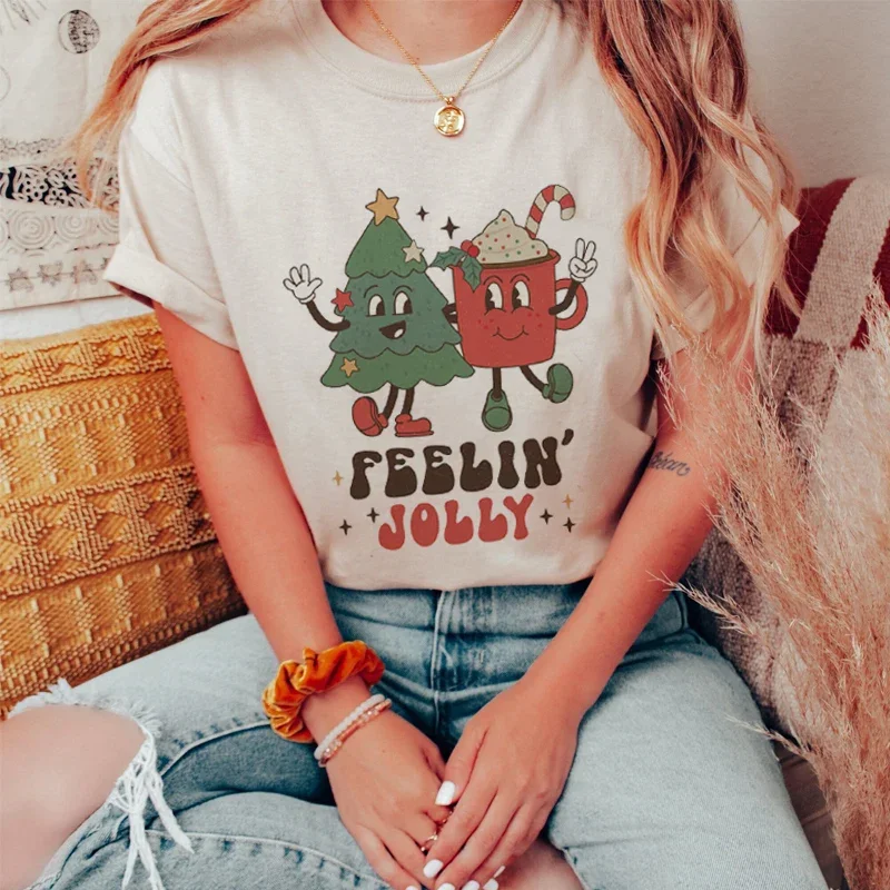 Feelin Jolly сладък карикатура Коледа тениска жени ретро весела Коледа графични тениски къс ръкав смешно Коледа празник T риза отгоре . ' - ' . 0