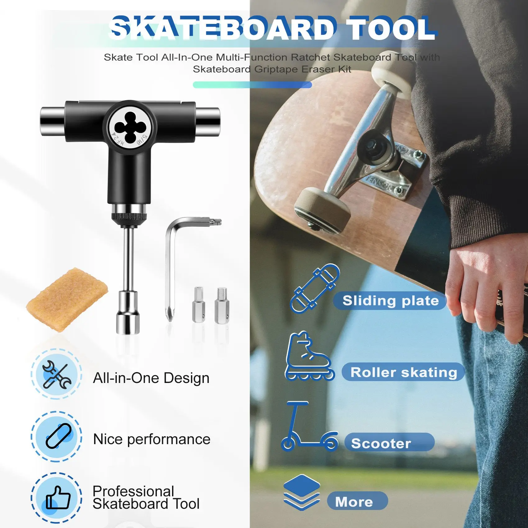 Skate Tool All-In-One многофункционален тресчотка скейтборд инструмент със скейтборд Griptape Eraser Kit . ' - ' . 4