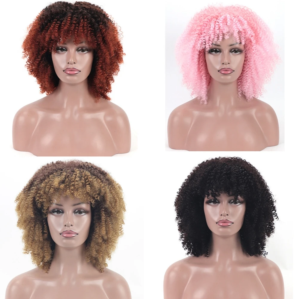 Къса афро извратена къдрава перука с бретон черни жени синтетични африкански без лепило пухкави розови омбре кафяви многоцветни перуки косплей . ' - ' . 0