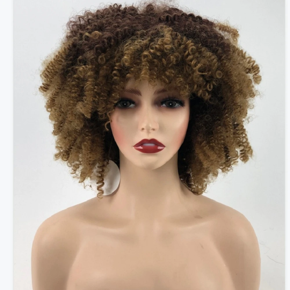 Къса афро извратена къдрава перука с бретон черни жени синтетични африкански без лепило пухкави розови омбре кафяви многоцветни перуки косплей . ' - ' . 2