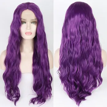Бомба лилав цвят хлабав вода вълна синтетични 13X4 дантела предни перуки лепило високо качество топлоустойчиви влакна коса за жени