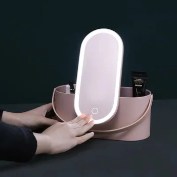 Грим организатор кутия с LED светлина огледало преносим пътуване грим козметика организатор докосване светлина съхранение грим случай