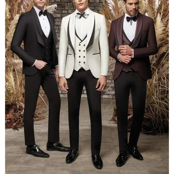 Добро качество мъжки костюм италиански стил мода шал ревера 3 парче абитуриентски парти сватба смокинг официален пълен мъжки костюм нетактичност комплект
