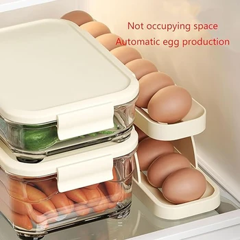  Дозатор за държач за яйца за хладилник, автоматично подвижен контейнер за съхранение на яйца, спестяващ място тава за яйца за хладилник издръжлив
