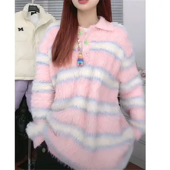 Есен Зима Loose Striped трикотаж Топ жени дизайн меки райета хлабав лепкав пуловер жените мода пуловер